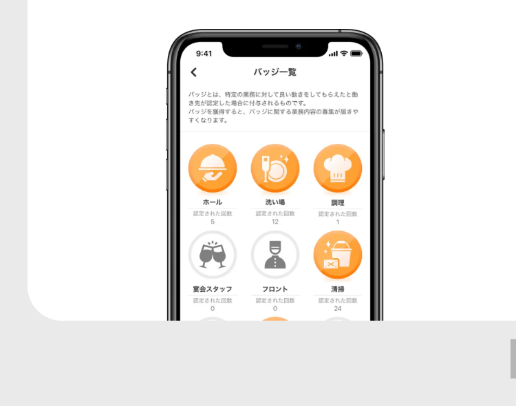 <
9:41
バッジ一覧
バッジとは、 特定の業務に対して良い動きをしてもらえたと働
き先が認定した場合に付与されるものです。
バッジを獲得すると、 バッジに関する業務内容の募集が届きや
すくなります。
E
ホール
洗い場
調理
認定された回数
5
認定された回数
12
認定された回数
1
宴会スタッフ
フロント
清揚
認定された回数
認定された回数
0
認定された回数
24