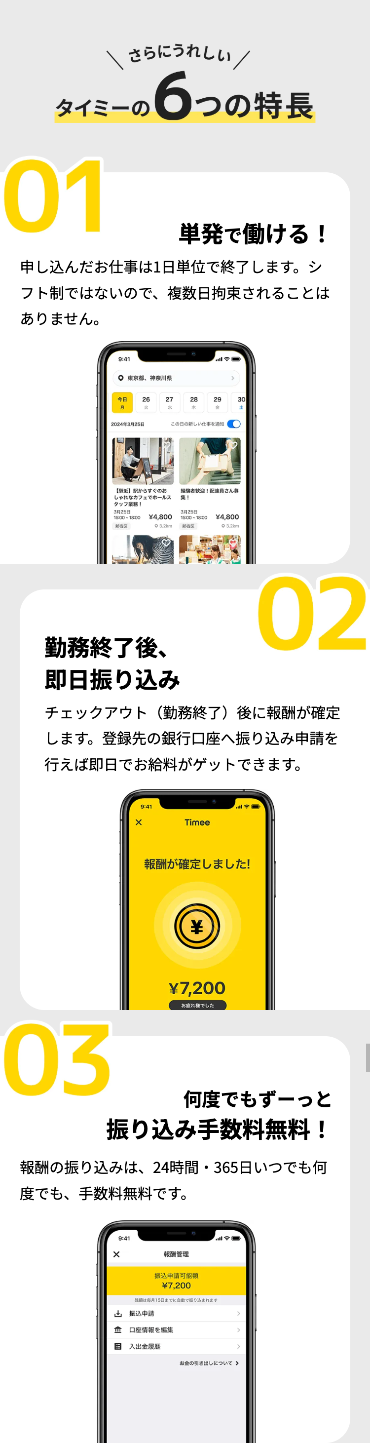 さらにうれしい /
タイミーの
01
6つの特長
単発で働ける!
申し込んだお仕事は1日単位で終了します。 シ
フト制ではないので、 複数日拘束されることは
ありません。
9:41
○ 東京都 神奈川県
今日
月
26
27
28
29
30
±
2024年3月25日
この日の新しい仕事を通知
【駅近】 駅からすぐのお
しゃれなカフェでホールス
タッフ業務!
3月25日
15:00-18:00
新宿区
経験者歓迎! 配達員さん募
集 !
3月25日
¥4,800
15:00-18:00
03.2km
新辉区
¥4,800
3.2km
勤務終了後、
即日振り込み
02
チェックアウト (勤務終了) 後に報酬が確定
します。 登録先の銀行口座へ振り込み申請を
行えば即日でお給料がゲットできます。
×
9:41
三の
Timee
報酬が確定しました!
*
¥7,200
お疲れ様でした
03
何度でもずーっと
振り込み手数料無料!
報酬の振り込みは、24時間・365日いつでも何
度でも、手数料無料です。
9:41
報酬管理
振込申請可能額
¥7,200
残額は毎月15日までに自動で振り込まれます
振込申請
m 口座情報を編集
入出金履歴
お金の引き出しについて >