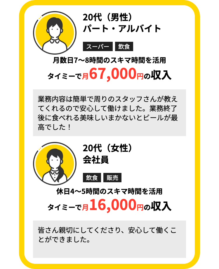20代(男性)
パート・アルバイト
スーパー 飲食
月数日7~8時間のスキマ時間を活用
タイミーで月67,000円の収入
業務内容は簡単で周りのスタッフさんが教え
てくれるので安心して働けました。 業務終了
後に食べれる美味しいまかないとビールが最
高でした!
20代(女性)
会社員
飲食 販売
休日4~5時間のスキマ時間を活用
タイミーで月16,000円の収入
皆さん親切にしてくださり、 安心して働くこ
とができました。